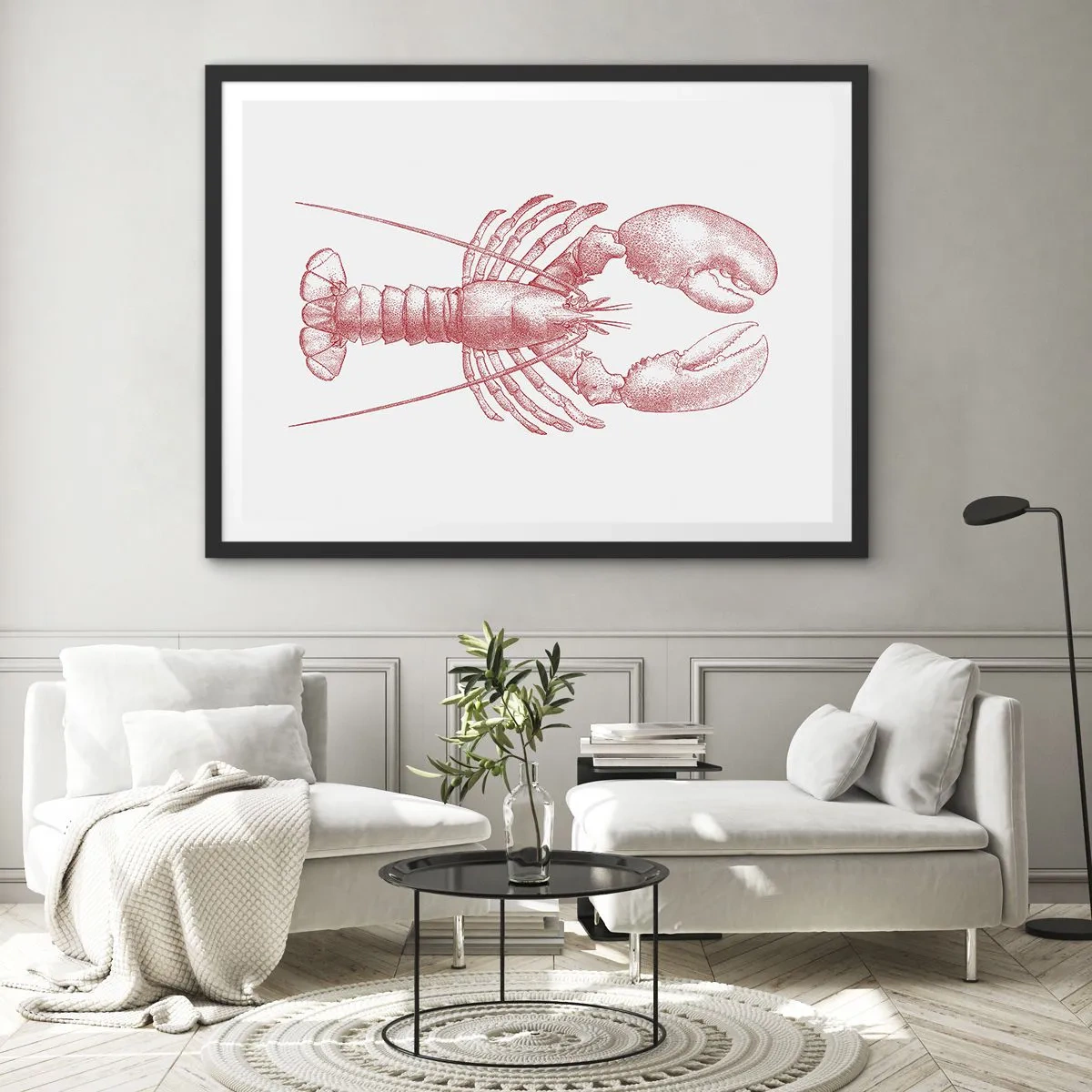 Póster en marco negro - Dibujo de una langosta en tono rojo. - 70x50cm - La reina de los fondos rocosos - Decoración de pared moderna para salón y dormitorio ARTTOR