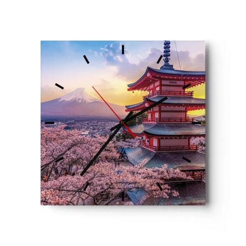 Reloj de pared - Reloj de vidrio - Una pagoda en Japón con flores de cerezo y el monte Fuji. - 30x30cm - La esencia del espíritu japonés - Decoración de pared moderna para salón y dormitorio ARTTOR