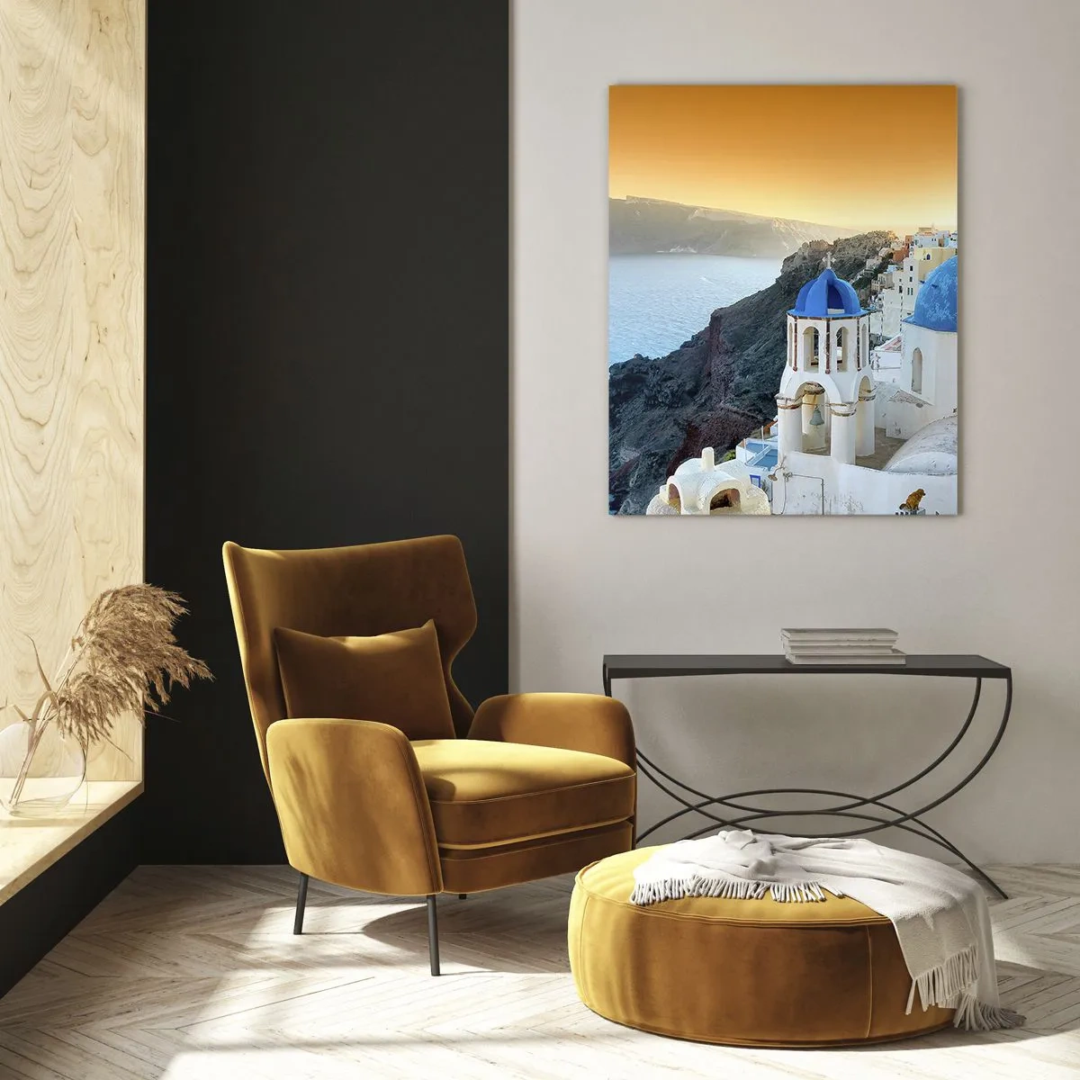 Cuadro sobre vidrio - Impresiones sobre Vidrio - Vista de Santorini con sus cúpulas azules y acantilados - 50x70cm - Santorini - el abrazo a las rocas - Decoración de pared moderna para salón y dormitorio ARTTOR