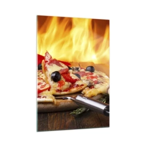 Cuadro sobre vidrio - Impresiones sobre Vidrio - Pizza con aceitunas con el telón de fondo de llamas de fuego - 50x70cm - Desde Italia con amor - Decoración de pared moderna para salón y dormitorio ARTTOR