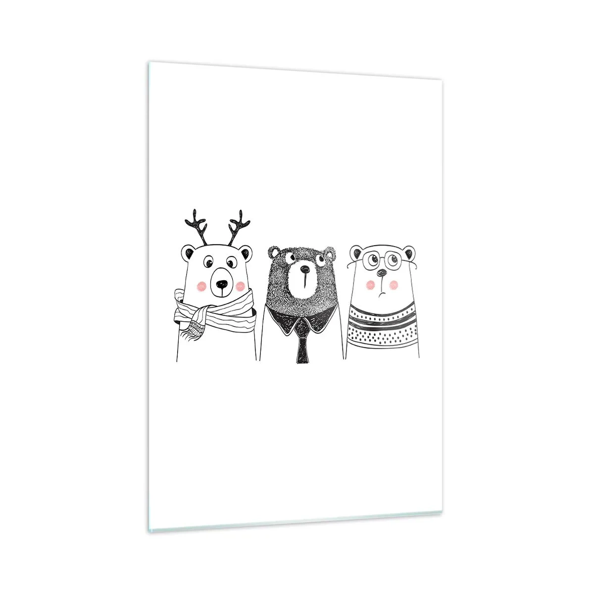 Cuadro sobre vidrio - Impresiones sobre Vidrio - Tres osos divertidos en una ilustración en blanco y negro - 50x70cm - Tres osos - Decoración de pared moderna para salón y dormitorio ARTTOR