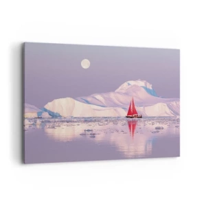 Cuadro sobre lienzo - Impresión de Imagen - Una vela roja con el telón de fondo de montañas heladas y una luna llena. - 100x70cm - El calor de la vela, el frío del hielo - Decoración de pared moderna para salón y dormitorio ARTTOR