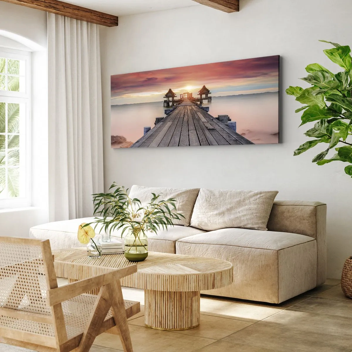 Cuadro sobre lienzo - Impresión de Imagen - Muelle de madera que conduce a los miradores al atardecer - 140x50cm - De este a oeste - Decoración de pared moderna para salón y dormitorio ARTTOR