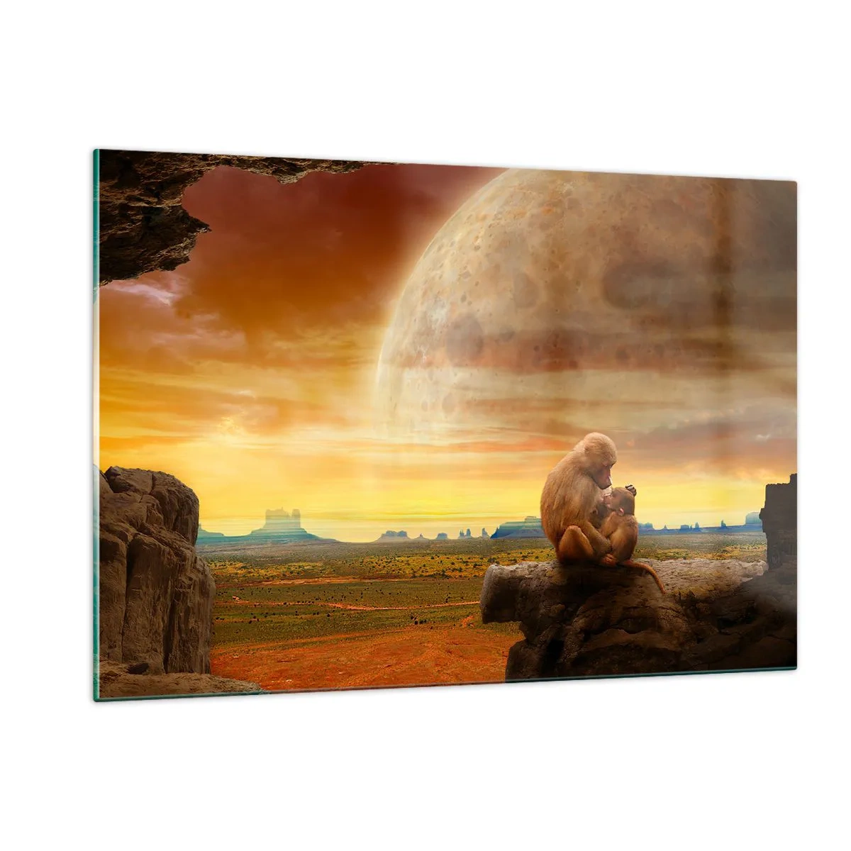 Cuadro sobre vidrio - Impresiones sobre Vidrio - Monos sentados en una roca con una enorme luna de fondo. - 120x80cm - El amor es igual en todas partes - Decoración de pared moderna para salón y dormitorio ARTTOR