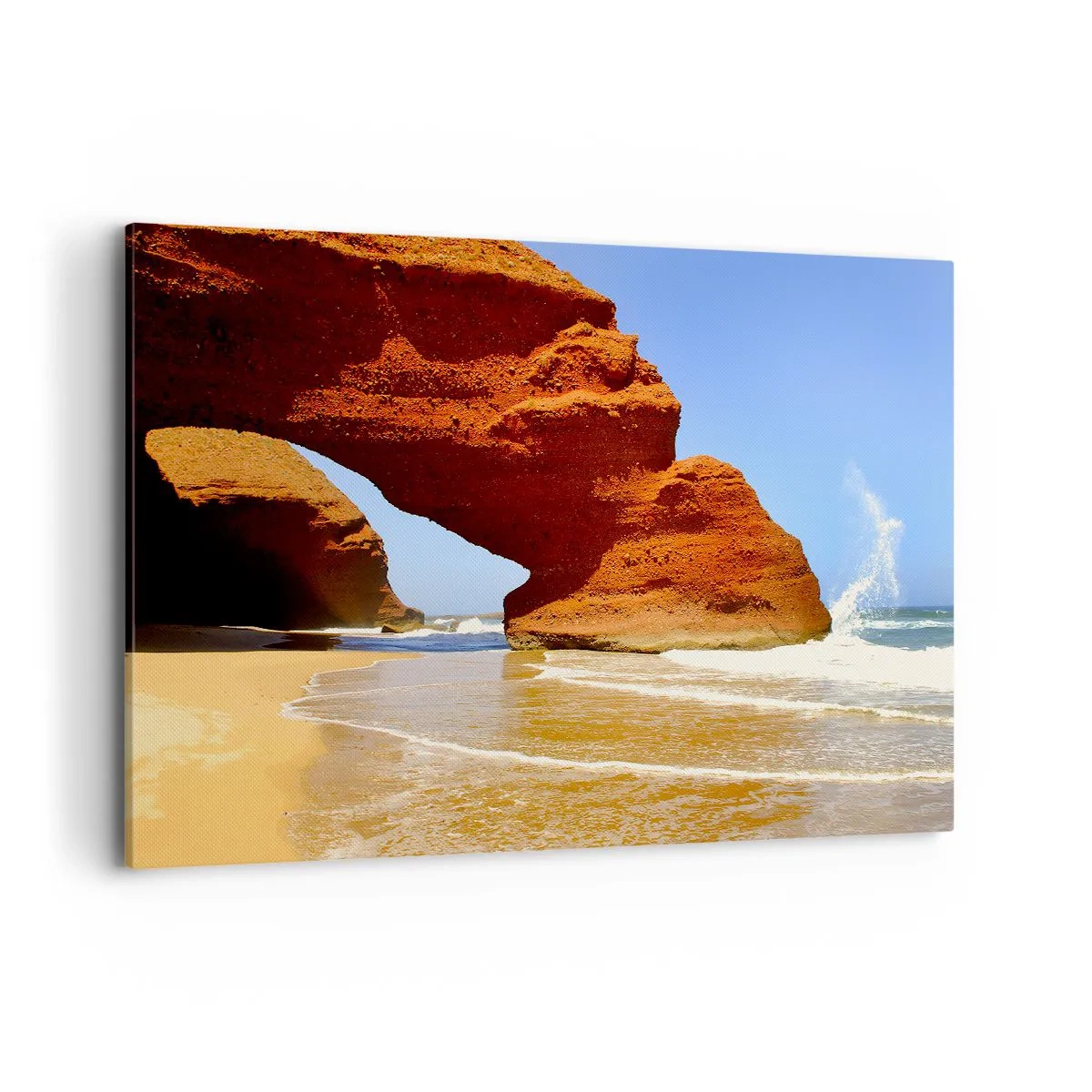 Cuadro sobre lienzo - Impresión de Imagen - Un arco de roca natural en una playa con cielos azules y olas. - 120x80cm - El agua y el viento a través de miles de años - Decoración de pared moderna para salón y dormitorio ARTTOR
