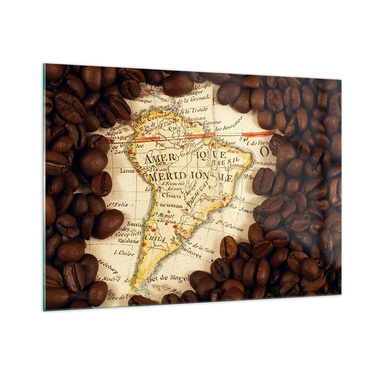 Cuadro sobre vidrio - Impresiones sobre Vidrio - Un mapa de Sudamérica rodeado de granos de café. - 100x70cm - ¿De dónde viene el mejor café? - Decoración de pared moderna para salón y dormitorio ARTTOR