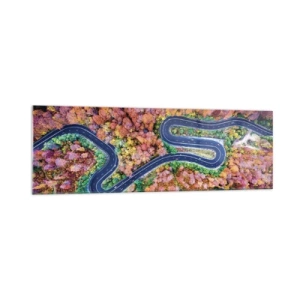 Cuadro sobre vidrio - Impresiones sobre Vidrio - Un camino sinuoso en un bosque otoñal visto a vista de pájaro - 160x50cm - Un camino sinuoso a través del bosque - Decoración de pared moderna para salón y dormitorio ARTTOR