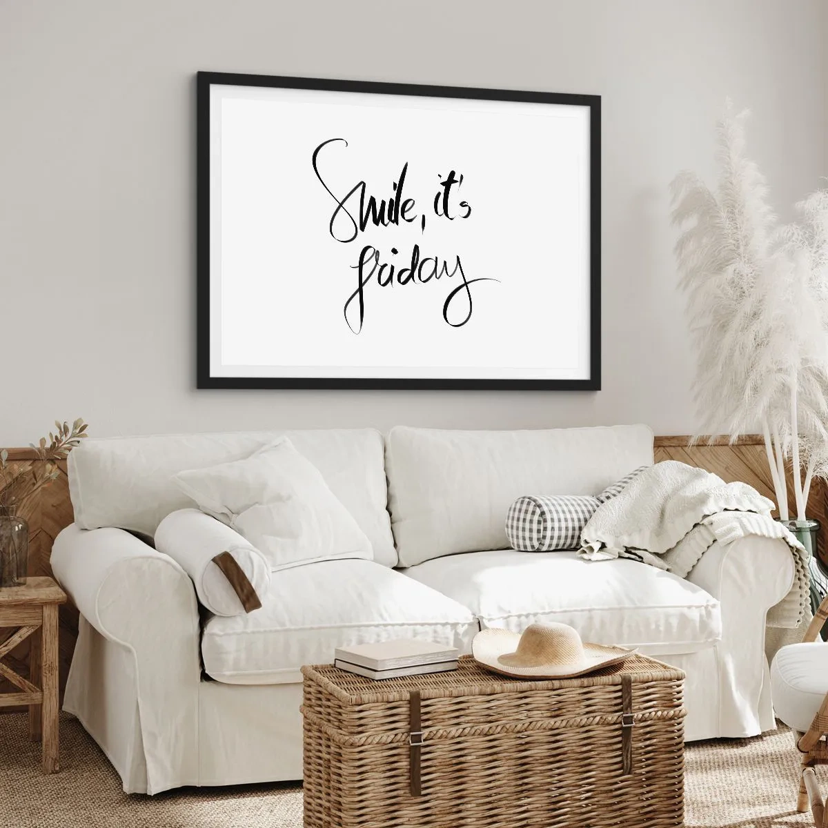 Póster en marco negro - Letras en blanco y negro Sonríe, es viernes - 70x50cm - La verdadera alegría - Decoración de pared moderna para salón y dormitorio ARTTOR