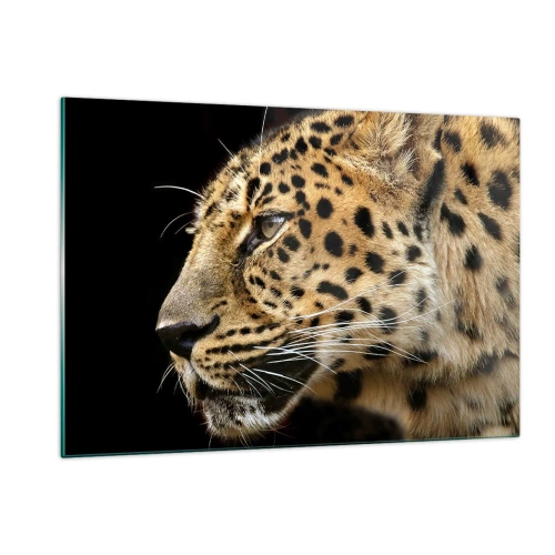 Cuadro sobre vidrio - Impresiones sobre Vidrio - Perfil de un leopardo sobre fondo negro - 120x80cm - Tranquilo, concentrado, preparado - Decoración de pared moderna para salón y dormitorio ARTTOR