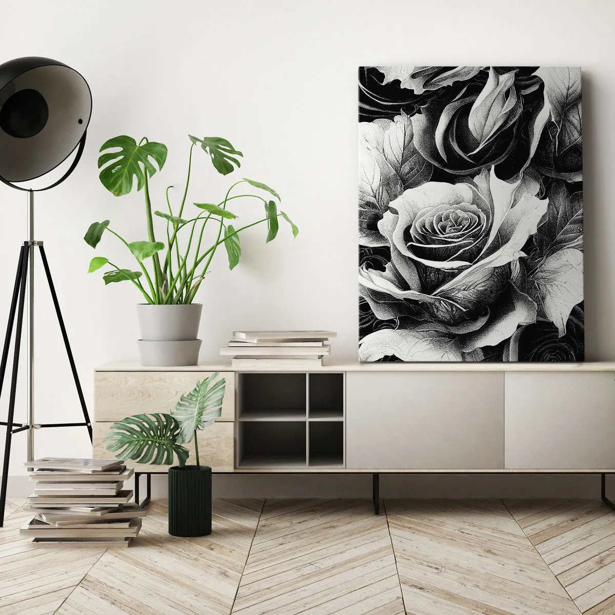 Cuadro sobre lienzo - Impresión de Imagen - Rosas blancas y negras en una elegante composición. - 70x100cm - Siempre como una reina - Decoración de pared moderna para salón y dormitorio ARTTOR