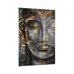 Cuadro sobre vidrio - Impresiones sobre Vidrio - Imagen de Buda dorado sobre un fondo de bambú. - 50x70cm - Siente la paz - Decoración de pared moderna para salón y dormitorio ARTTOR