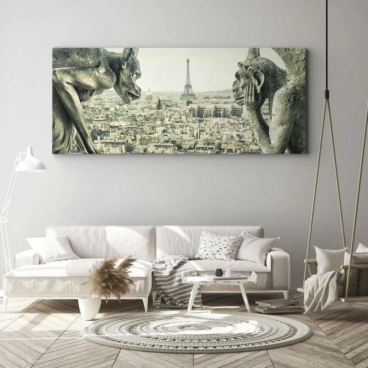 Cuadro sobre lienzo - Impresión de Imagen - Gárgolas con vistas al horizonte de París y a la Torre Eiffel - 160x50cm - Charlas parisinas - Decoración de pared moderna para salón y dormitorio ARTTOR
