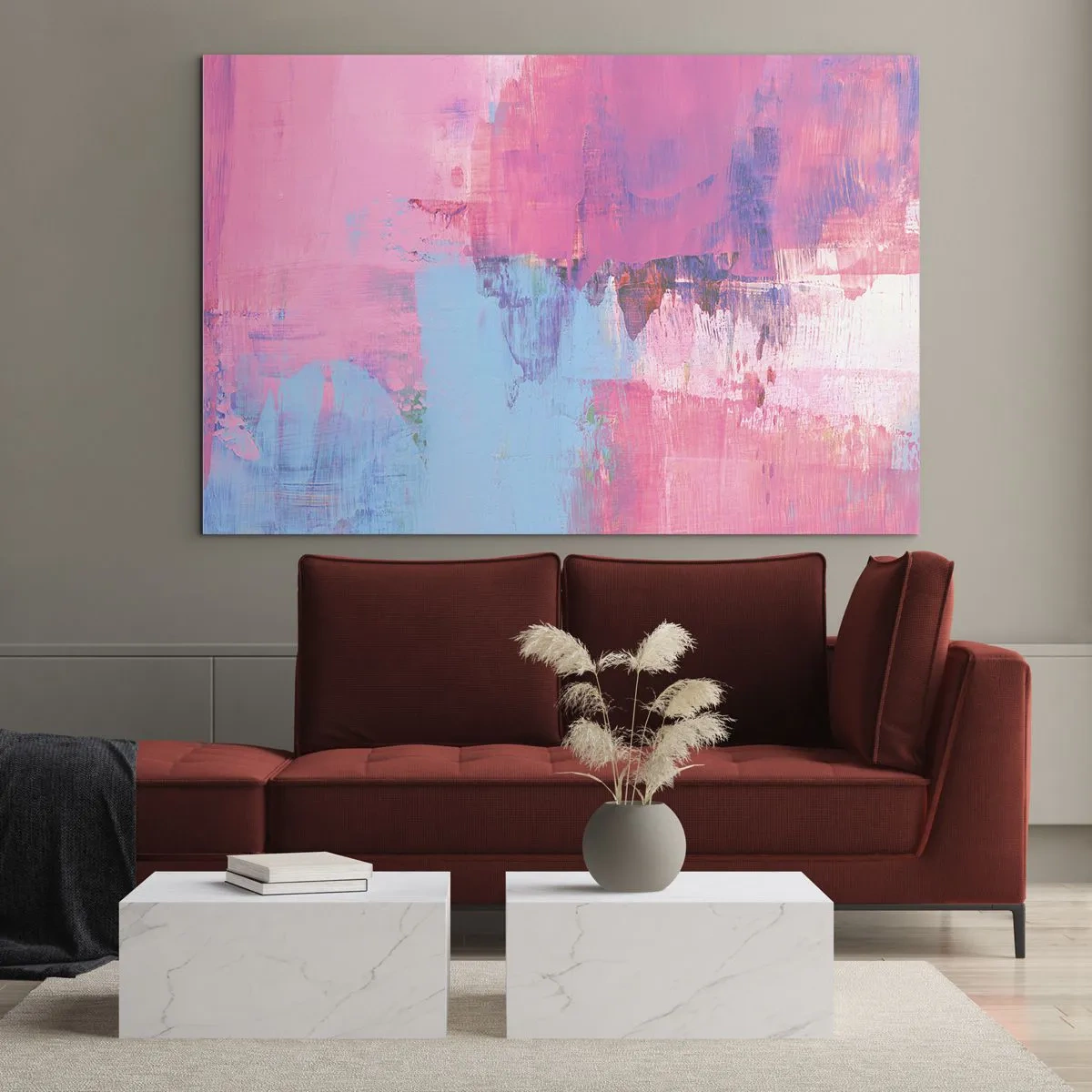 Cuadro sobre vidrio - Impresiones sobre Vidrio - Abstracción energética en tonos rosa y azul. - 120x80cm - Rosa, azul y una pizca de luz - Decoración de pared moderna para salón y dormitorio ARTTOR