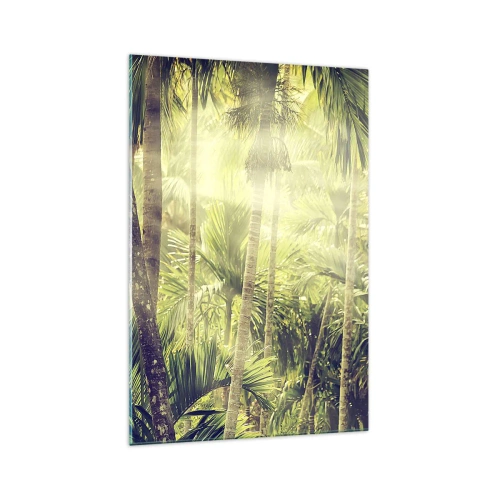 Cuadro sobre vidrio - Impresiones sobre Vidrio - Rayos de sol en un bosque tropical de palmeras - 70x100cm - En el cálido verde - Decoración de pared moderna para salón y dormitorio ARTTOR
