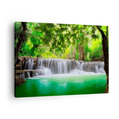 Cuadro sobre lienzo - Impresión de Imagen - Una cascada verde rodeada de densa vegetación tropical. - 70x50cm - Cascada en verde - Decoración de pared moderna para salón y dormitorio ARTTOR