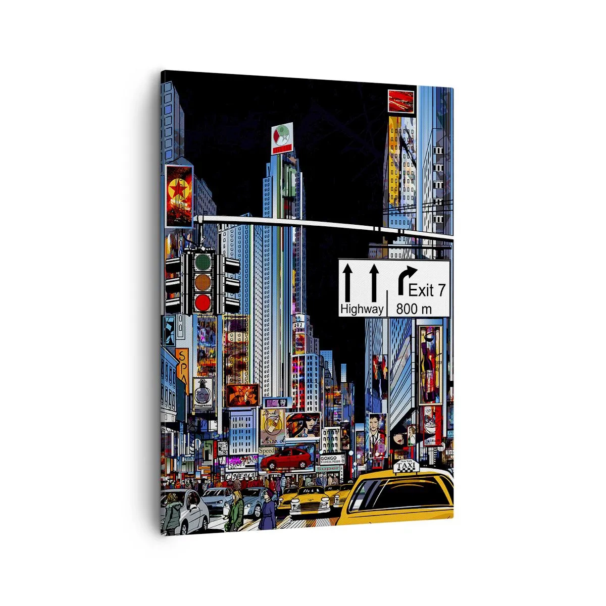 Cuadro sobre lienzo - Impresión de Imagen - Una ciudad bulliciosa con anuncios coloridos y taxis amarillos. - 50x70cm - Noche de cómic - Decoración de pared moderna para salón y dormitorio ARTTOR