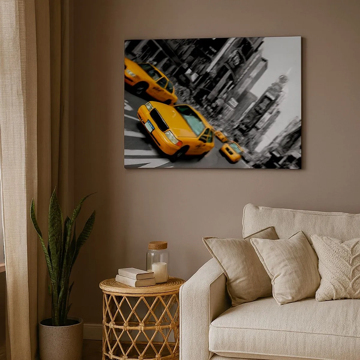 Cuadro sobre lienzo - Impresión de Imagen - Taxis amarillos en una intersección concurrida de la ciudad - 70x50cm - El sol cae sobre Nueva York - Decoración de pared moderna para salón y dormitorio ARTTOR