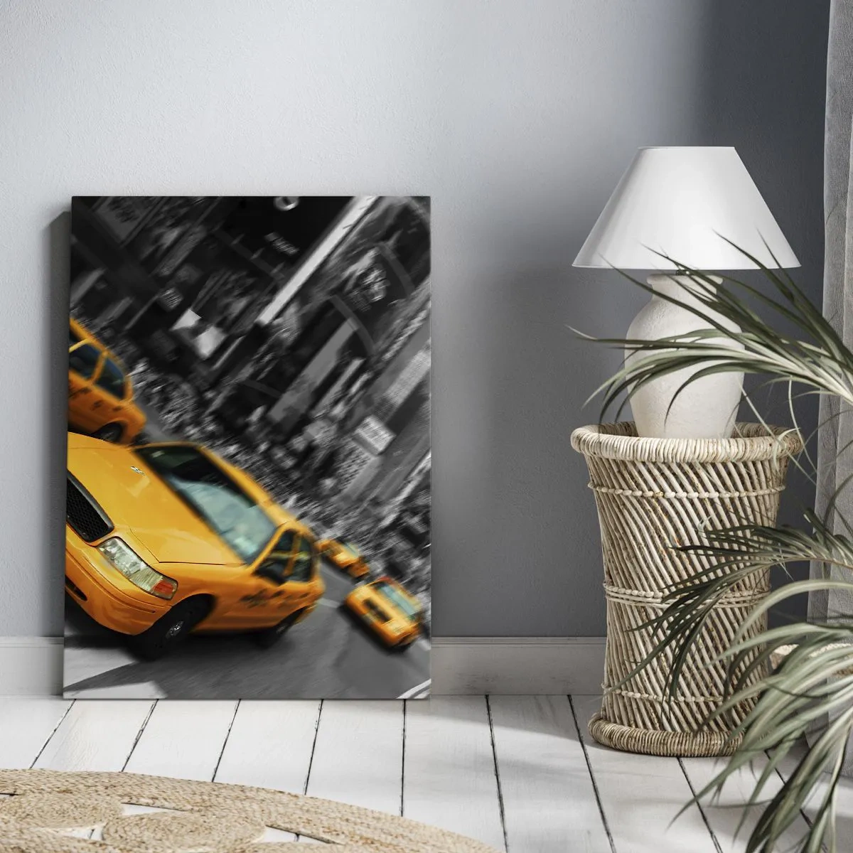 Cuadro sobre lienzo - Impresión de Imagen - Taxis amarillos en una intersección concurrida de la ciudad - 50x70cm - El sol cae sobre Nueva York - Decoración de pared moderna para salón y dormitorio ARTTOR