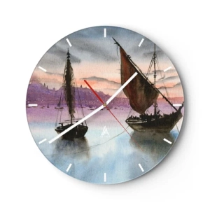 Reloj de pared - Reloj de vidrio - Barcos de vela en el agua al atardecer - 30x30cm - Atardecer en el puerto - Decoración de pared moderna para salón, cocina y dormitorio ARTTOR