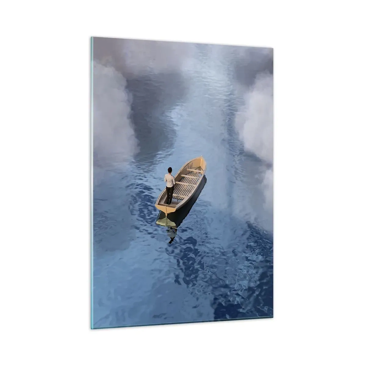 Cuadro sobre vidrio - Impresiones sobre Vidrio - Un hombre en un barco navegando por el agua entre las nubes. - 50x70cm - La vida - el viaje - lo desconocido - Decoración de pared moderna para salón y dormitorio ARTTOR