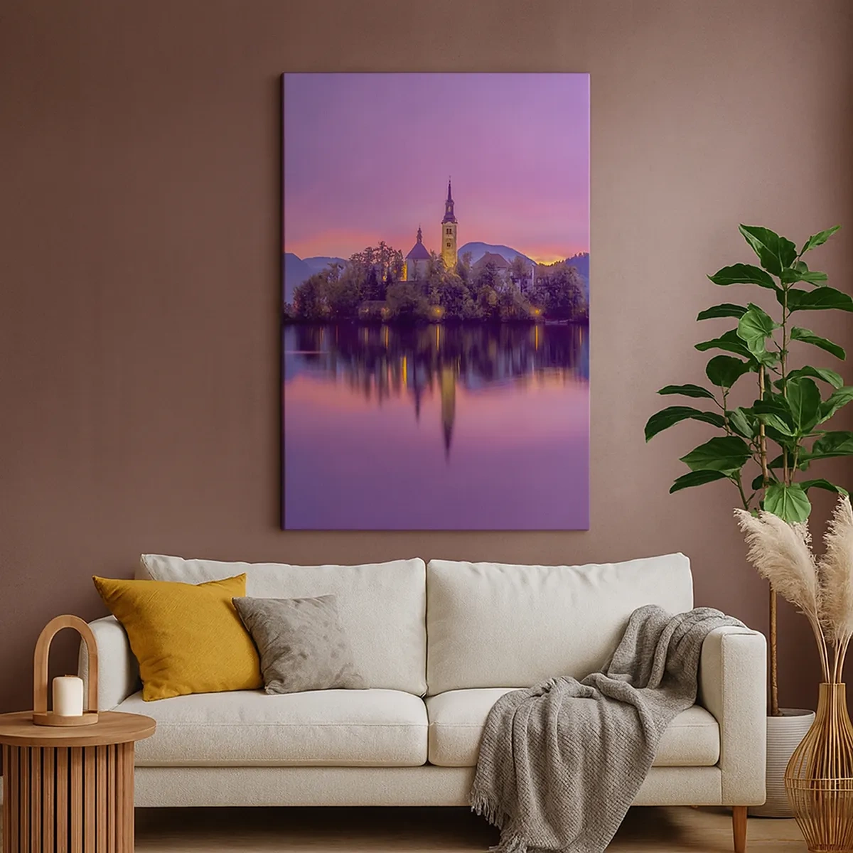 Cuadro sobre lienzo - Impresión de Imagen - Lago con una isla y una iglesia al atardecer - 50x70cm - Isla de cuento de hadas al atardecer - Decoración de pared moderna para salón y dormitorio ARTTOR
