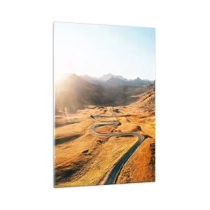 Cuadro sobre vidrio - Impresiones sobre Vidrio - Un camino sinuoso en las montañas iluminado por el sol poniente. - 80x120cm - En un valle dorado - Decoración de pared moderna para salón y dormitorio ARTTOR