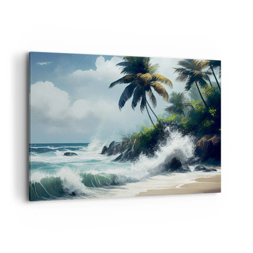 Cuadro sobre lienzo - Impresión de Imagen - Costa tropical con palmeras y mar agitado. - 120x80cm - En una costa tropical - Decoración de pared moderna para salón y dormitorio ARTTOR