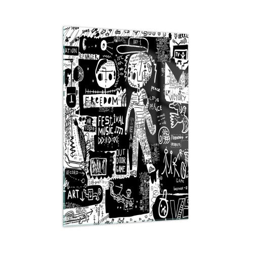 Cuadro sobre vidrio - Impresiones sobre Vidrio - Gráficos de estilo arte callejero en blanco y negro con personajes y símbolos. - 50x70cm - La juventud espiritual de la ley y la alegría - Decoración de pared moderna para salón y dormitorio ARTTOR