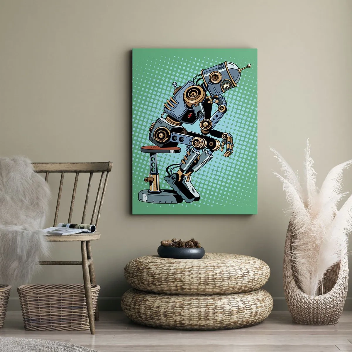 Cuadro sobre lienzo - Impresión de Imagen - Robot pensador de estilo pop art sobre un fondo verde - 50x70cm - Sobre la esencia del ser - Decoración de pared moderna para salón y dormitorio ARTTOR