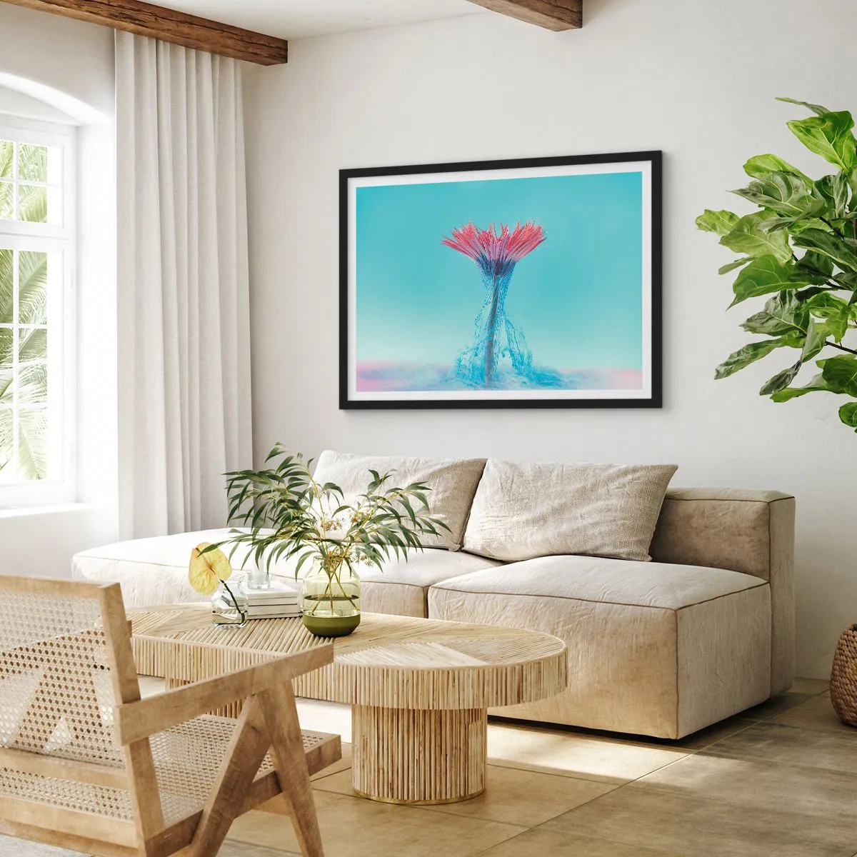 Póster en marco negro - Una flor rosa y azul en un arreglo artístico sobre un fondo pastel. - 70x50cm - En un abrazo vigorizante - Decoración de pared moderna para salón y dormitorio ARTTOR