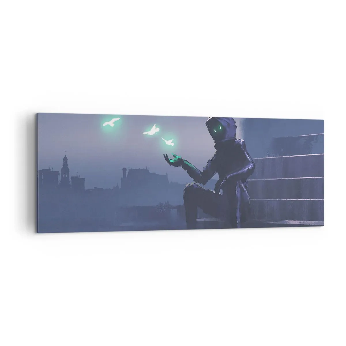 Cuadro sobre lienzo - Impresión de Imagen - Una figura encapuchada con pájaros mágicos en el fondo de una ciudad. - 140x50cm - La vida volverá - Decoración de pared moderna para salón y dormitorio ARTTOR