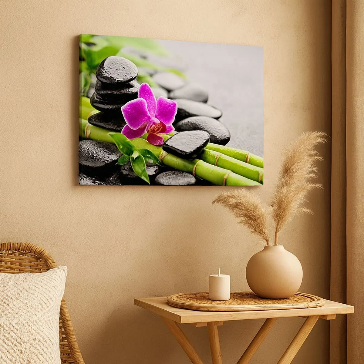 Cuadro sobre lienzo - Impresión de Imagen - Orquídea morada, piedras negras y bambú en una composición tranquila. - 70x50cm - En equilibrio pacífico - Decoración de pared moderna para salón y dormitorio ARTTOR