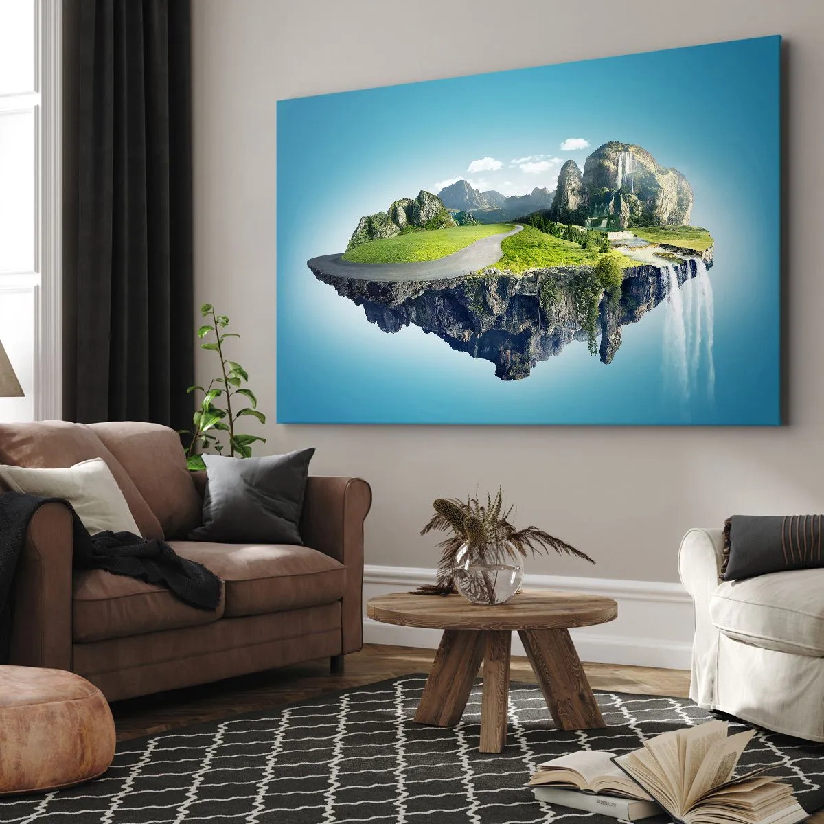 Cuadro sobre lienzo - Impresión de Imagen - Una isla flotante con montañas y cascadas. - 70x50cm - Isla fantástica - Decoración de pared moderna para salón y dormitorio ARTTOR