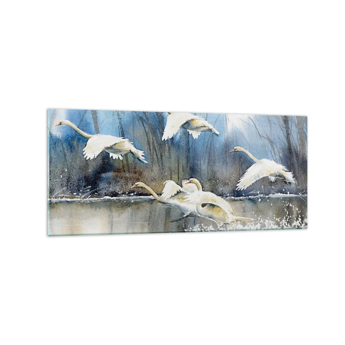 Cuadro sobre vidrio - Impresiones sobre Vidrio - Cisnes en vuelo sobre un lago congelado en un paisaje invernal - 120x50cm - Como en un cuento de cisnes salvajes - Decoración de pared moderna para salón y dormitorio ARTTOR