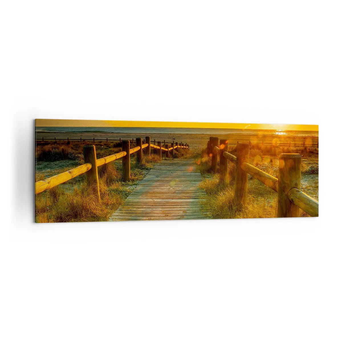 Cuadro sobre lienzo - Impresión de Imagen - Un camino de madera que conduce a la playa bajo el resplandor del sol poniente. - 160x50cm - Bañado en oro viejo - Decoración de pared moderna para salón y dormitorio ARTTOR