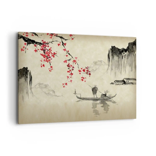 Cuadro sobre lienzo - Impresión de Imagen - Ilustración oriental con un barco y una rama floreciente. - 100x70cm - En el país de los cerezos en flor - Decoración de pared moderna para salón y dormitorio ARTTOR