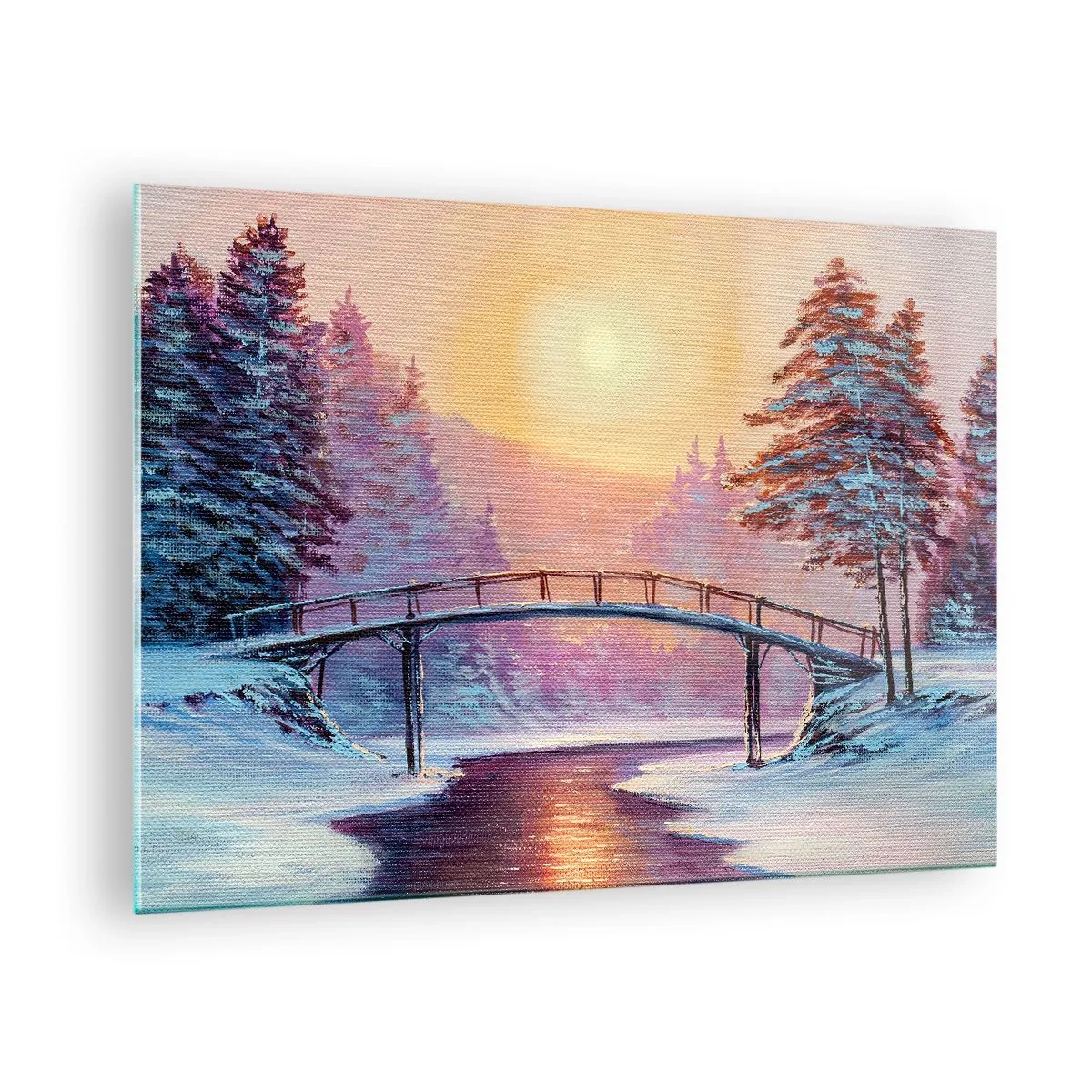 Cuadro sobre vidrio - Impresiones sobre Vidrio - Paisaje invernal con un puente sobre un río al atardecer - 70x50cm - Las cuatro estaciones: el invierno - Decoración de pared moderna para salón y dormitorio ARTTOR