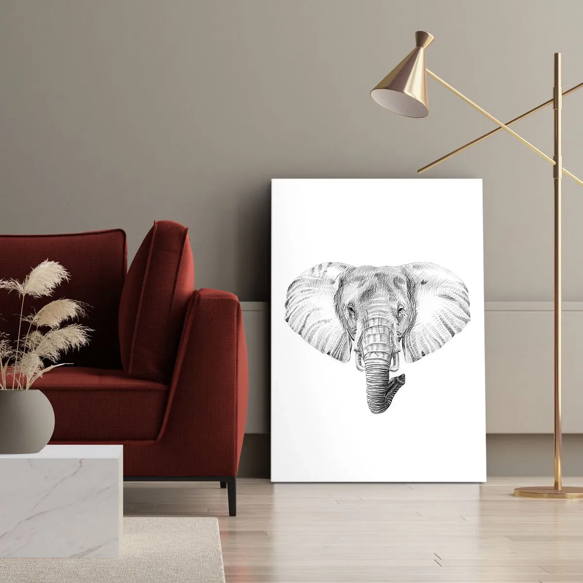 Cuadro sobre lienzo - Impresión de Imagen - Dibujo en blanco y negro de la cabeza de un elefante sobre un fondo blanco. - 50x70cm - Érase una vez un elefante... - Decoración de pared moderna para salón y dormitorio ARTTOR
