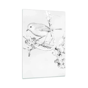 Cuadro sobre vidrio - Impresiones sobre Vidrio - Pájaro en una rama en blanco y negro con un estilo minimalista. - 70x100cm - Mañana de invierno - Decoración de pared moderna para salón y dormitorio ARTTOR