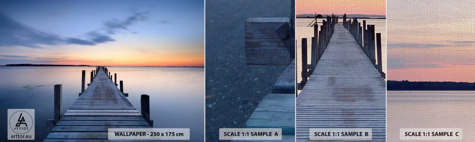 Muestra de fotomural Premium Canvas - La calma de un crepúsculo sereno - Paisaje, Bahía, Puente de madera - 100x30 cm