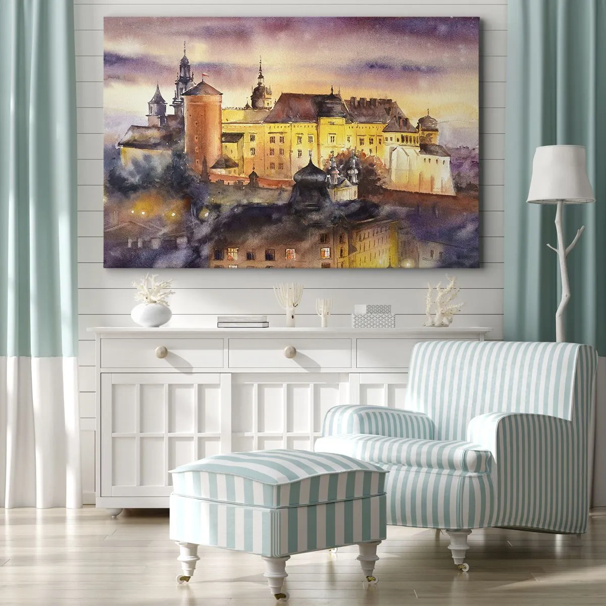 Cuadro sobre lienzo - Impresión de Imagen - Una pintoresca pintura de acuarela de un castillo al atardecer. - 120x80cm - Una historia y un cuento - Decoración de pared moderna para salón y dormitorio ARTTOR