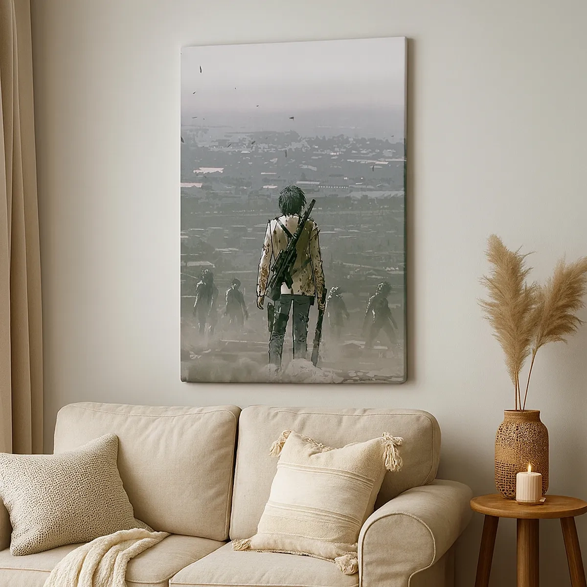 Cuadro sobre lienzo - Impresión de Imagen - Una figura con una pistola se encuentra frente a un grupo en un paisaje distópico. - 50x70cm - Soy leyenda - Decoración de pared moderna para salón y dormitorio ARTTOR