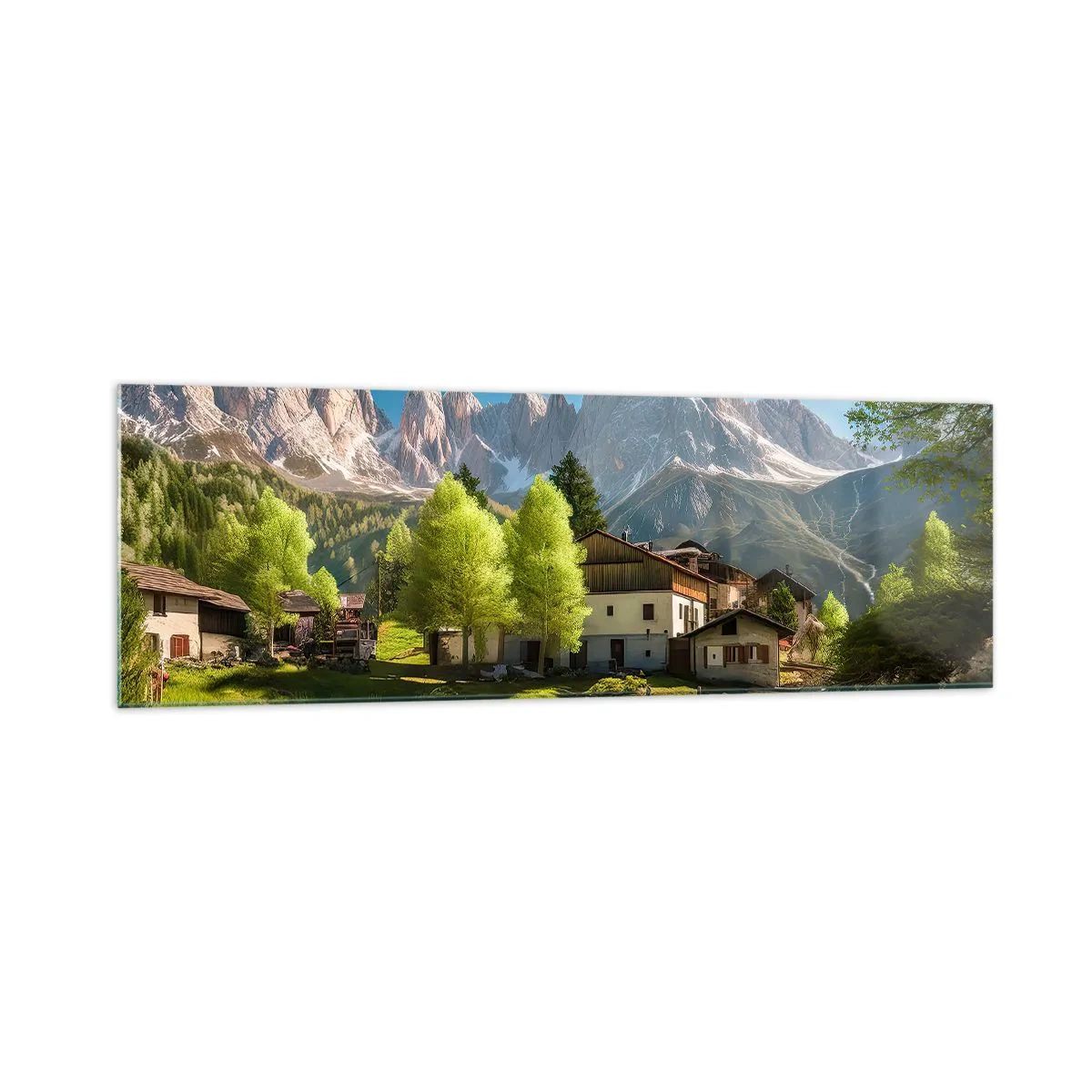 Cuadro sobre vidrio - Impresiones sobre Vidrio - Un pueblo de montaña con casas y vistas a los Alpes. - 160x50cm - Idilio alpino - Decoración de pared moderna para salón y dormitorio ARTTOR