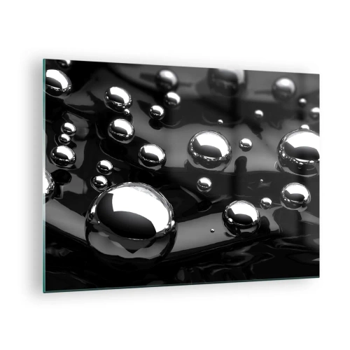 Cuadro sobre vidrio - Impresiones sobre Vidrio - Gotas metálicas sobre una superficie negra - 70x50cm - De las negras profundidades - Decoración de pared moderna para salón y dormitorio ARTTOR