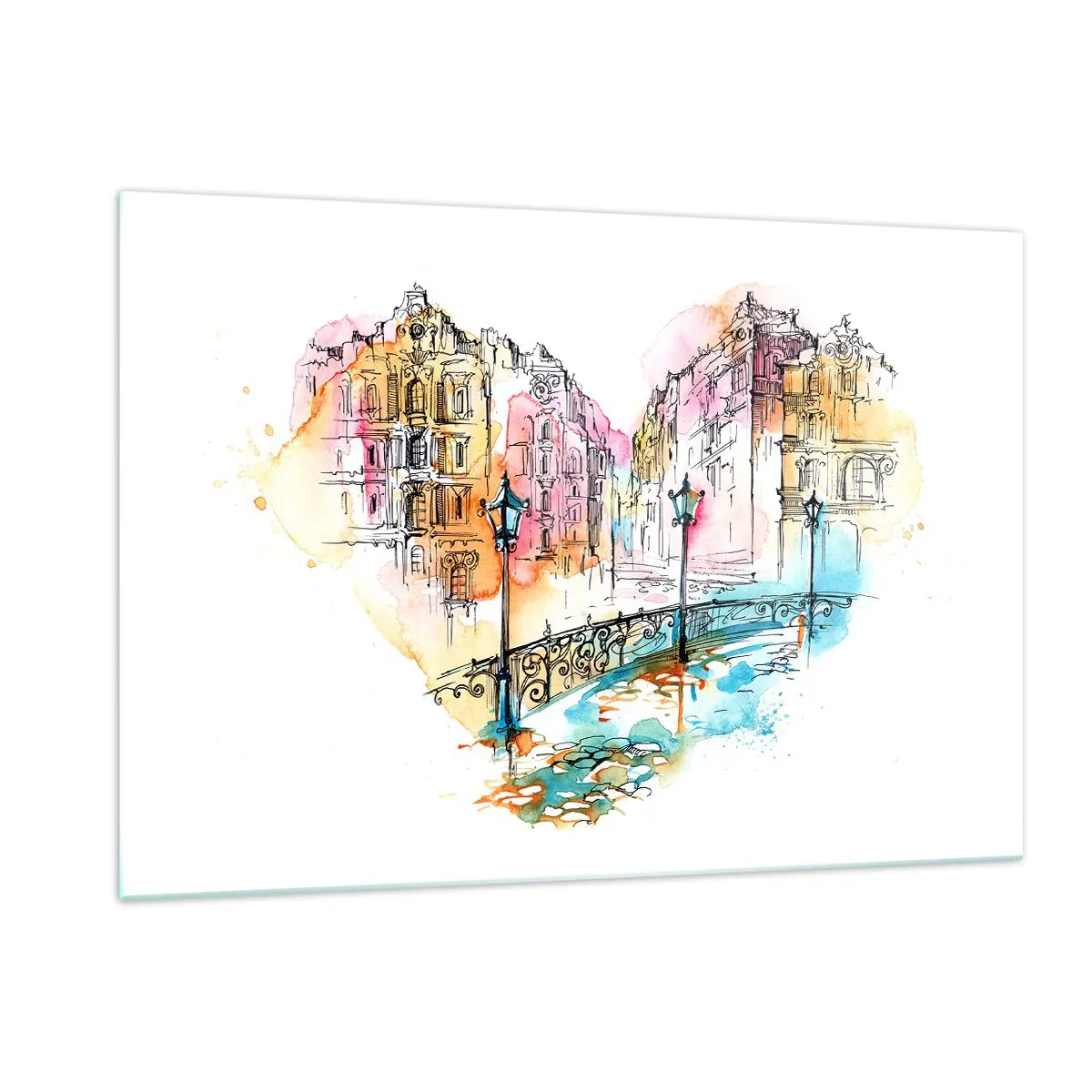 Cuadro sobre vidrio - Impresiones sobre Vidrio - Casas de vecindad románticas con un puente en forma de corazón, acuarela - 120x80cm - El corazón de la ciudad - Decoración de pared moderna para salón y dormitorio ARTTOR