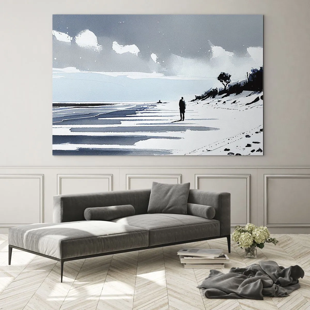 Cuadro sobre vidrio - Impresiones sobre Vidrio - Silueta de una persona solitaria caminando por una playa vacía - 70x50cm - Solo conmigo mismo - Decoración de pared moderna para salón y dormitorio ARTTOR