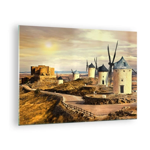 Cuadro sobre vidrio - Impresiones sobre Vidrio - Molinos de viento y un castillo en el paisaje al atardecer. - 70x50cm - Don Quijote los vio - Decoración de pared moderna para salón y dormitorio ARTTOR