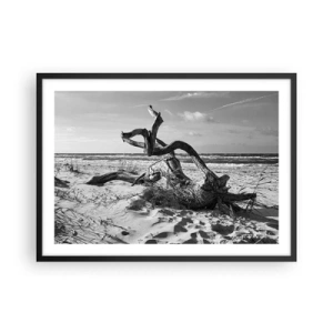Póster en marco negro - Paisaje en blanco y negro con un árbol muerto en la playa. - 70x50cm - Escultura marina - Decoración de pared moderna para salón y dormitorio ARTTOR