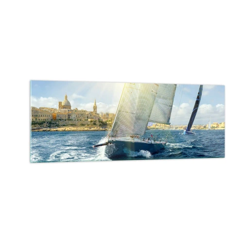Cuadro sobre vidrio - Impresiones sobre Vidrio - Regata con el telón de fondo de una costa soleada - 140x50cm - Hora de abandonar la ciudad - Decoración de pared moderna para salón y dormitorio ARTTOR
