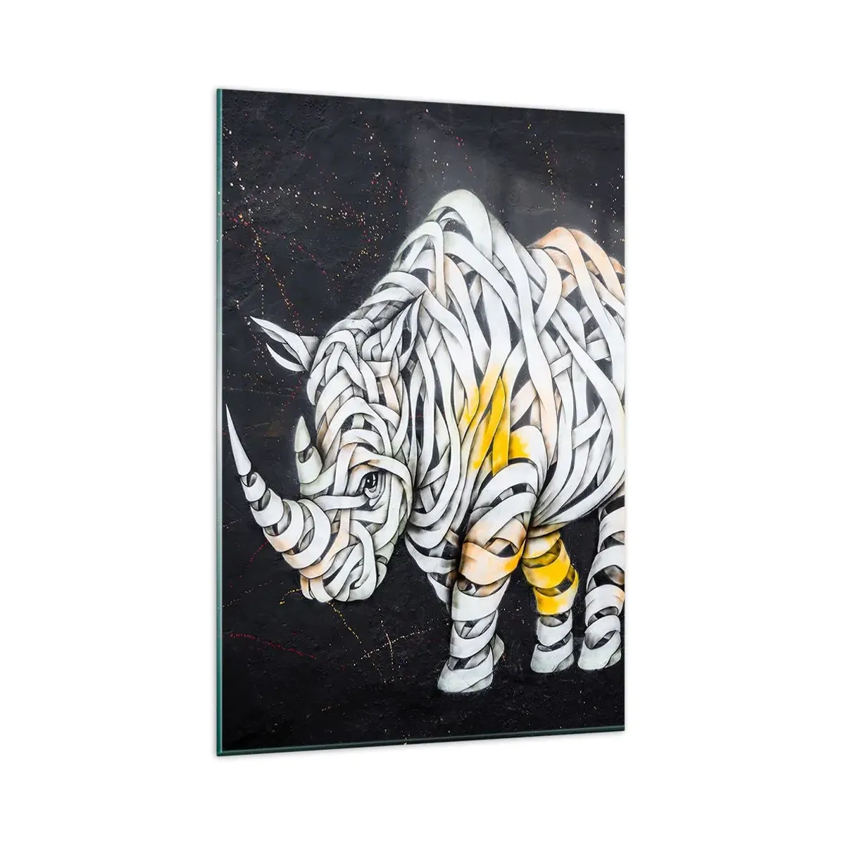 Cuadro sobre vidrio - Impresiones sobre Vidrio - Un rinoceronte tallado con rayas abstractas sobre un fondo oscuro. - 80x120cm - El mito de la momia rinoceronte - Decoración de pared moderna para salón y dormitorio ARTTOR